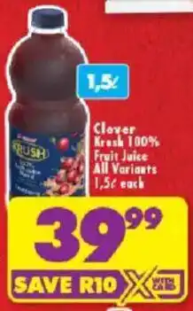 Shoprite Clover Krash 100% Fruit Juice All Variants offer