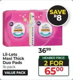 Dis-Chem Lil-Lets Maxi Thick Duo Pads offer
