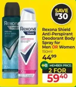 Dis-Chem Rexona Shield Anti-Perspirant Deodorant Body Spray for Men OR Women offer