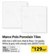 Builders Warehouse Marco Polo Porcelain Tiles (1st Grade)600mm x 600mm In White & Grey With Cloudy Vein-Per Sqm offer
