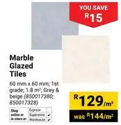 Builders Warehouse Marble Glazed Tiles 60mm x 60mm (1st Grade) In Grey & Beige-Per Sqm offer