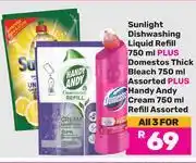 Game Sunlight Dishwashing Liquid Refill 750ml, Domestos T Bleach 750ml + Handy Andy Cream 750ml Refilll offer