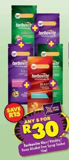 Shoprite Turbovite Blast/ Vitality/ Focus Alcohol Free Syrup Sachet offer