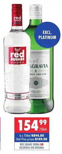 Ultra Liquors Red square vodka or Belgravia gin original offer