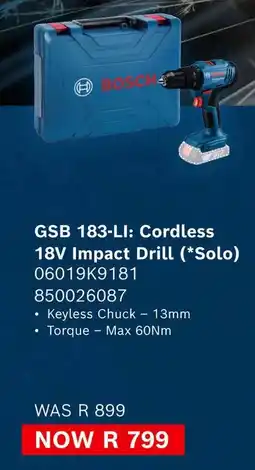 Builders Warehouse Bosch GSB 183-LI Cordless 18V Impact Drill offer