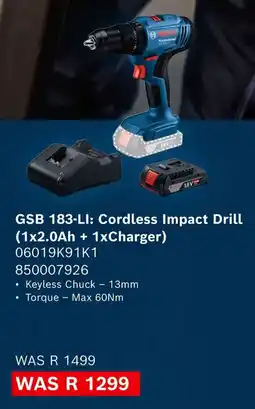 Builders Warehouse Bosch GSB 183-LI Cordless Impact Drill offer