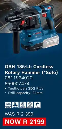 Builders Warehouse Bosch GBH 185-LI Cordless Rotary Hammer offer