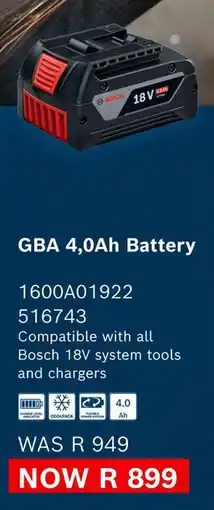 Builders Warehouse Bosch GBA 4,0Ah Battery offer