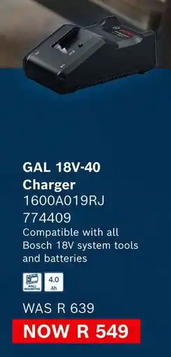 Builders Warehouse Bosch GAL 18V-40 Charger offer