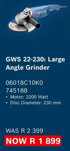 Builders Warehouse Bosch GWS 22-230 Large Angle Grinder offer