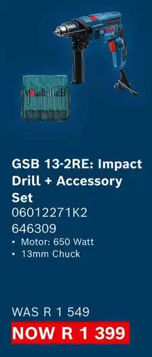 Builders Warehouse Bosch GSB 13-2RE Impact Drill + Accessory Set offer