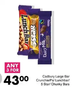 Save Cadbury Large Bar Crunchie/ Ps/ Lunchbar/ 5 Star/ Chunky Bars offer