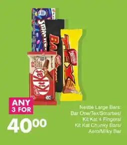 Save Nestlé Large Bars Bar One/ Tex/ Smarties/ Kit Kat 4 Fingers/ Kit Kat Chunky Bars/ Aero/ Milky Bar offer