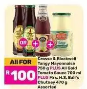 Game Crosse & Blackwell Tangy Mayonnaise, All Gold Tomato Sauce, Mrs. H.S. Ball's Chutney offer