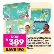 Game Pampers Ultra Skin OR Premium Care Nappies OR Pants Mega Box Assorted Sizes offer
