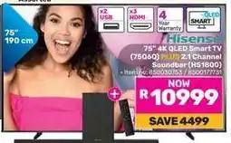 Game Hisense 75 4K QLED Smart TV (75Q60) PLUS 2.1 Channel Soundbar (HS1800) offer