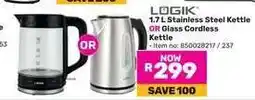 Game LOGIK 1.7 L Stainless Steel Kettle OR Glass Cordless Kettle offer