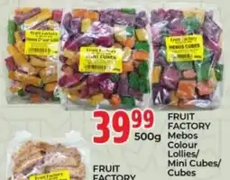Elite Cash & Carry Fruit Factory Mebos Colour Lollies/ Mini Cubes/ Cubes offer