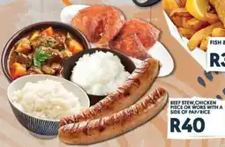 OBC Meat & Chicken Beef stew chicken piece or wors with a side of pap/ rice offer
