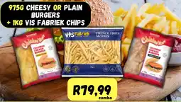 Die Visfabriek Cheesy or plain burgers and vis fabriek chips offer
