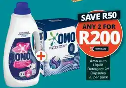 Checkers Omo Auto Liquid Detergent 2L/Capsules 20 per pack offer