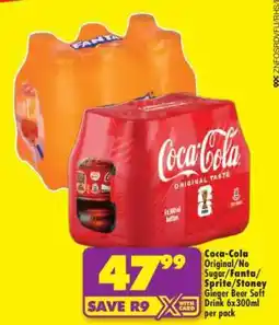 Shoprite Coca-Cola Original/No Sugar/Fanta/Sprite/Stoney Ginger Beer Soft Drink 6x300ml per pack offer