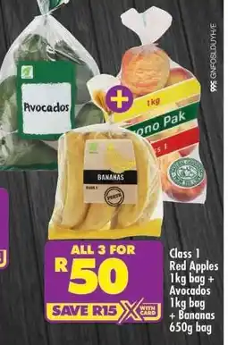Shoprite Class 1 Red Apples 1kg bag + Avocados 1kg bag + Bananas 650g bag offer
