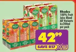 Shoprite RHODES 100% FRUIT JUICE BLEND all variants 6x200ml per pack offer