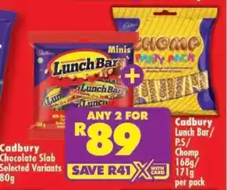 Shoprite Cadbury Lunch Bar/PS/Chomp 168g/171g per pack offer