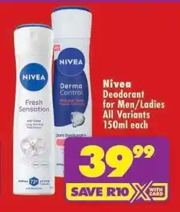Shoprite Nivea Deodorant for Men/Ladies All Variants 150ml each offer