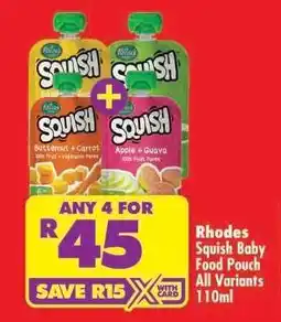 Shoprite RHODES SQUISH BABY FOOD POUCH all variants 110ml offer