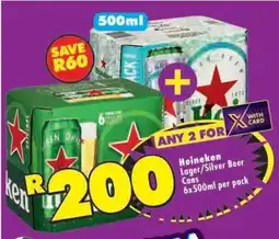 Shoprite Heineken Lager/Silver Beer Cans 6x500ml per pack offer
