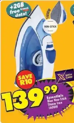Shoprite Essentials Blue Non-Stick Steam Iron 1600W offer