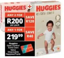 Checkers Huggies Gold Jumbo Extra Care Value Disposable Nappies/ Pants offer