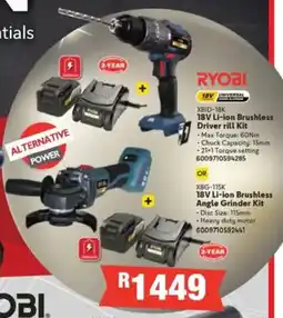 Build It Ryobi 18V Li-ion Brushless Driver Drill Kit or 18V Li-ion Brushless Angle Grinder Kit offer