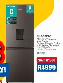 OK Furniture Hisense 222-Litre Titanium Inox-Finish Bottom-Freezer Fridge with Water Dispenser H310BIT-WD offer