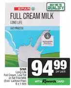 Spar Spar Long Life Full Cream,Low Fat Or Fat Free Milk-6 x 1L Per Pack offer