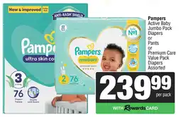Spar Pampers Active Baby Jumbo Pack Diapers or Pants or Premium Care Value Pack Diapers Assorted offer