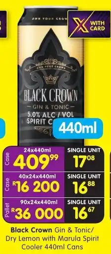 Shoprite Liquor Black Crown Gin & Tonic/ Dry Lemon with Marula Spirit Cooler Cans offer