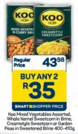 Pick n Pay Koo Mixed Vegetables Assorted, Whole Kernel Sweetcorn in Brine, Creamstyle Sweetcorn or Garden Peas in Sweetened Brine offer