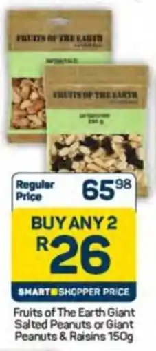 Pick n Pay Fruits of The Earth Giant Salted Peanuts or Giant Peanuts & Raisins offer