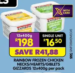 Shoprite RAINBOW FROZEN CHICKEN NECKS/HEARTS/GIBLETS GIZZARDS 12x400g per pack offer