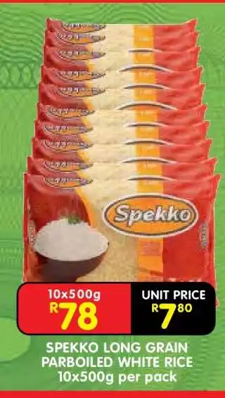 Shoprite SPEKKO LONG GRAIN PARBOILED WHITE RICE 10x500g per pack offer