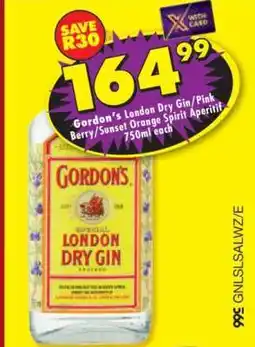 Shoprite Gordon's London Dry Gin/Pink Berry/Sunset Orange Spirit Aperitif 750ml each offer