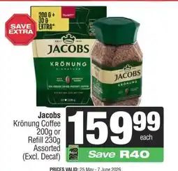 Spar Jacobs Krönung Coffee 200g or Refill 230g Assorted (Excl. Decaf) offer