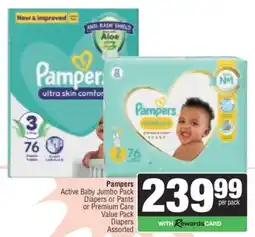 Spar Pampers Active Baby Jumbo Pack Diapers or Pants or Premium Care Value Pack Diapers Assorted offer
