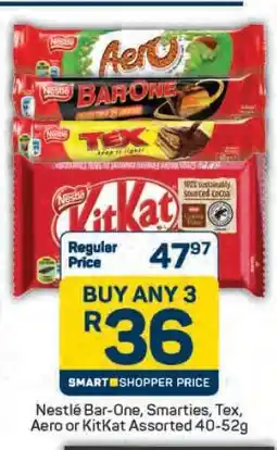 Pick n Pay Nestlé Bar-One, Smarties, Tex, Aero or KitKat Assorted 40-52g offer