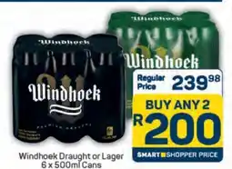 Pick n Pay Windhoek Draught or Lager 6 x 500ml Cans offer
