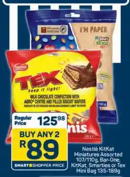 Pick n Pay Nestlé KitKat Miniatures Assorted 107/110g, Bar-One, KitKat, Smarties or Tex Mini Bag 135-189g offer