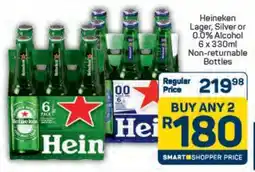 Pick n Pay Heineken Lager, Silver or 0.0% Alcohol 6 x 330ml Non-returnable Bottles offer